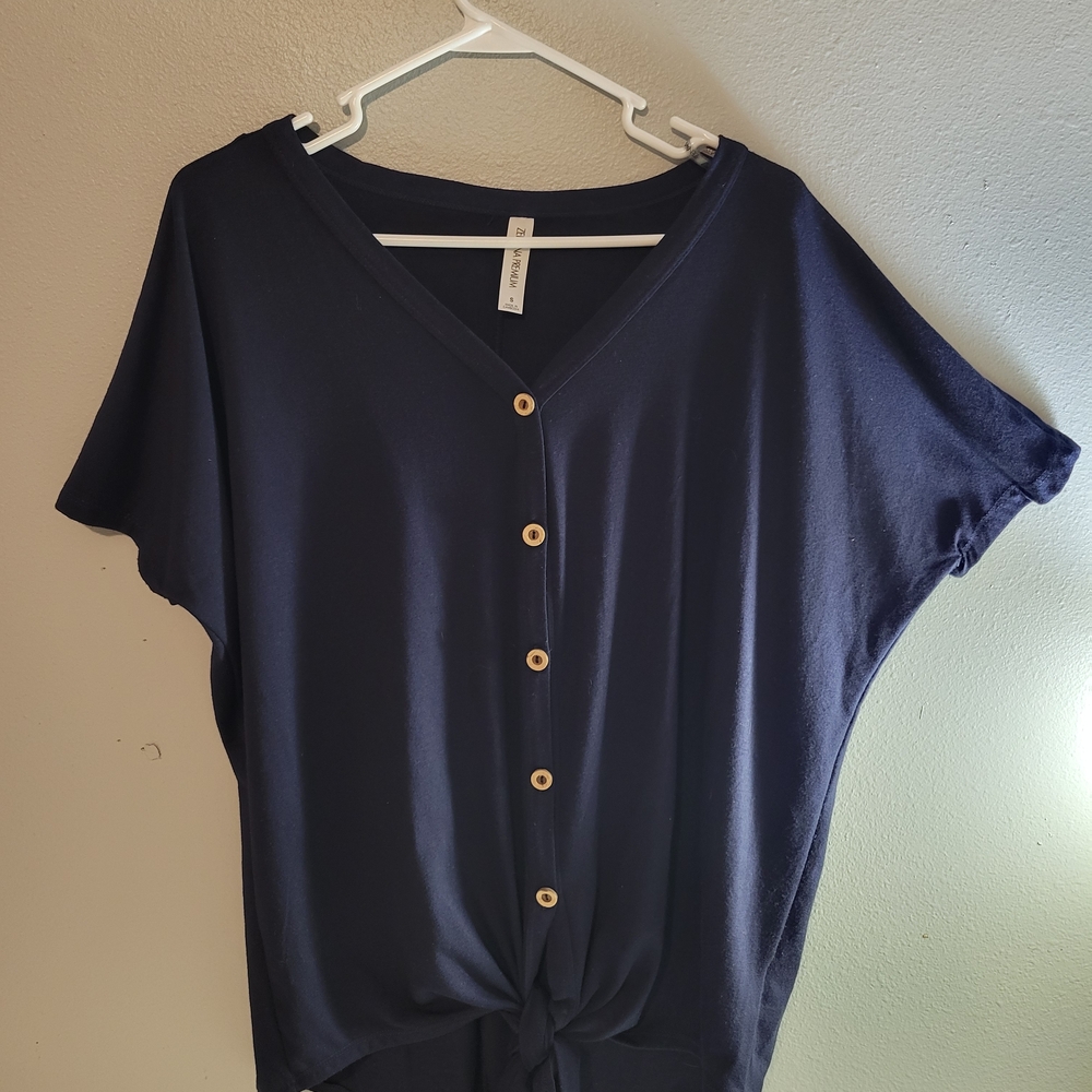 ZANANA Women's Navy faux Button-Down‎ Top with tie front. 👠
